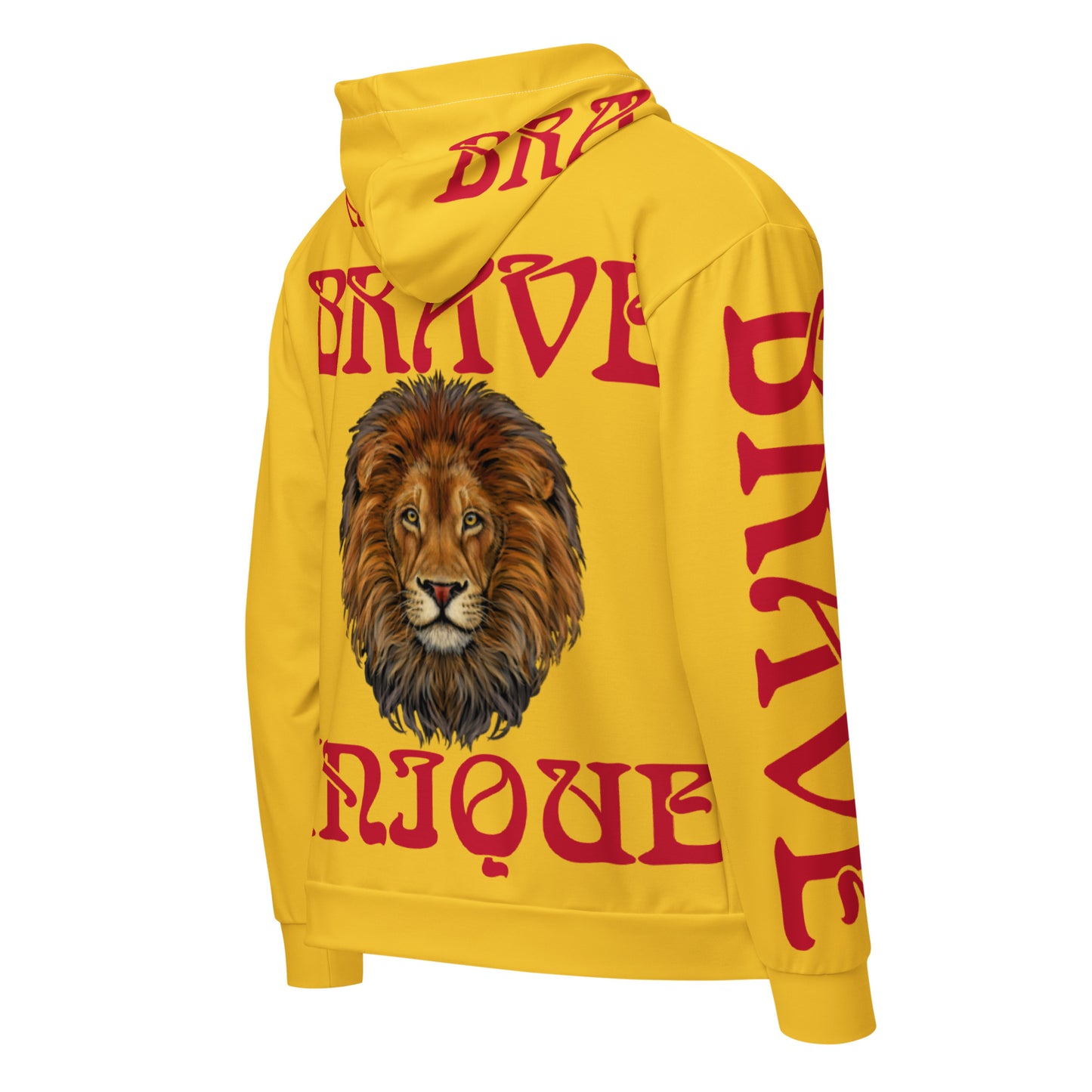 “BRAVE,UNIQUE!”Yellow Unisex Zip Hoodie W/Red Font