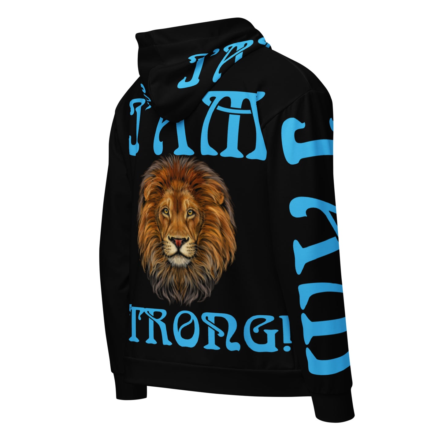 “I’AM STRONG!” Black Unisex Zip Hoodie W/SkyBlue Font
