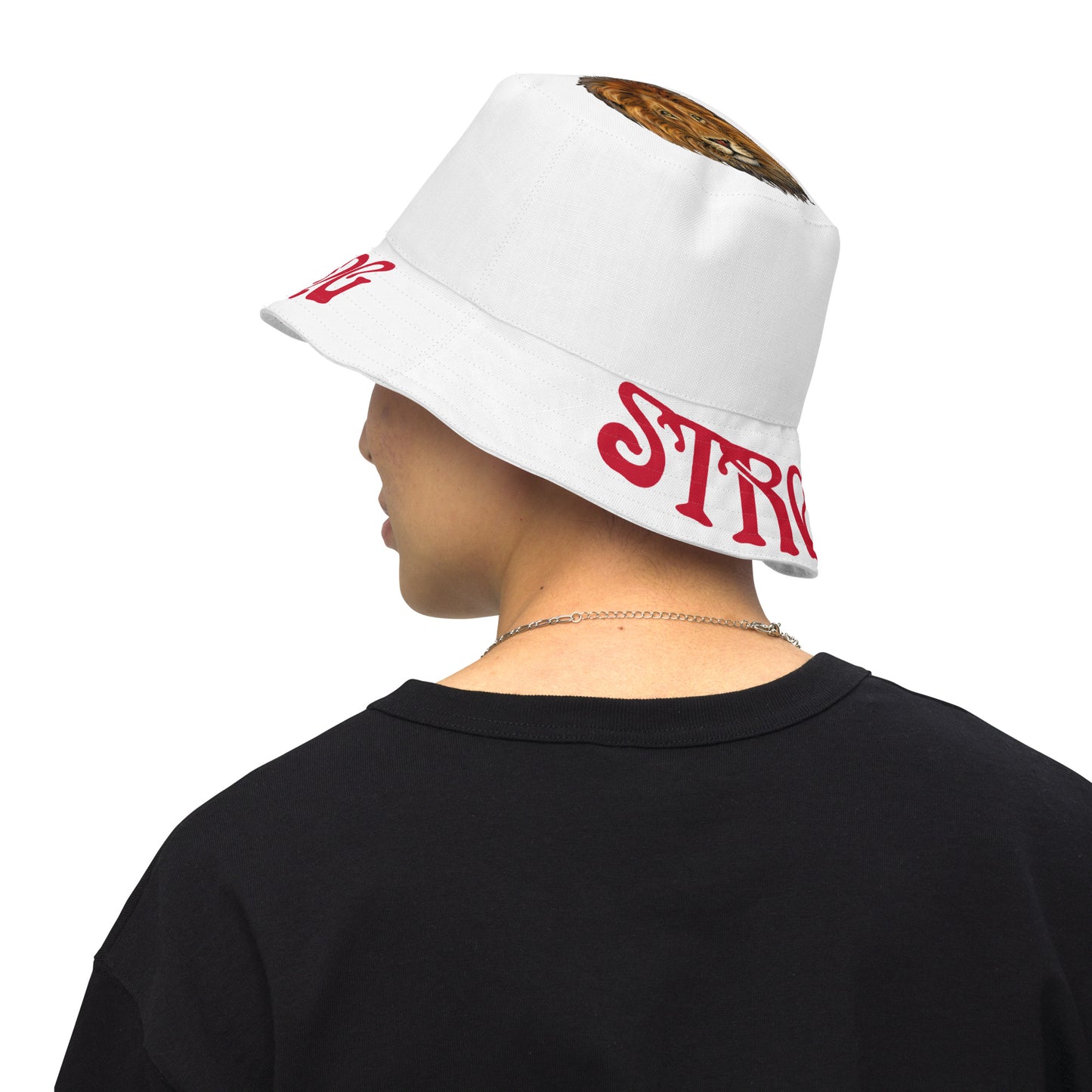 “STRONG”White Reversible Bucket Hat W/Red Font