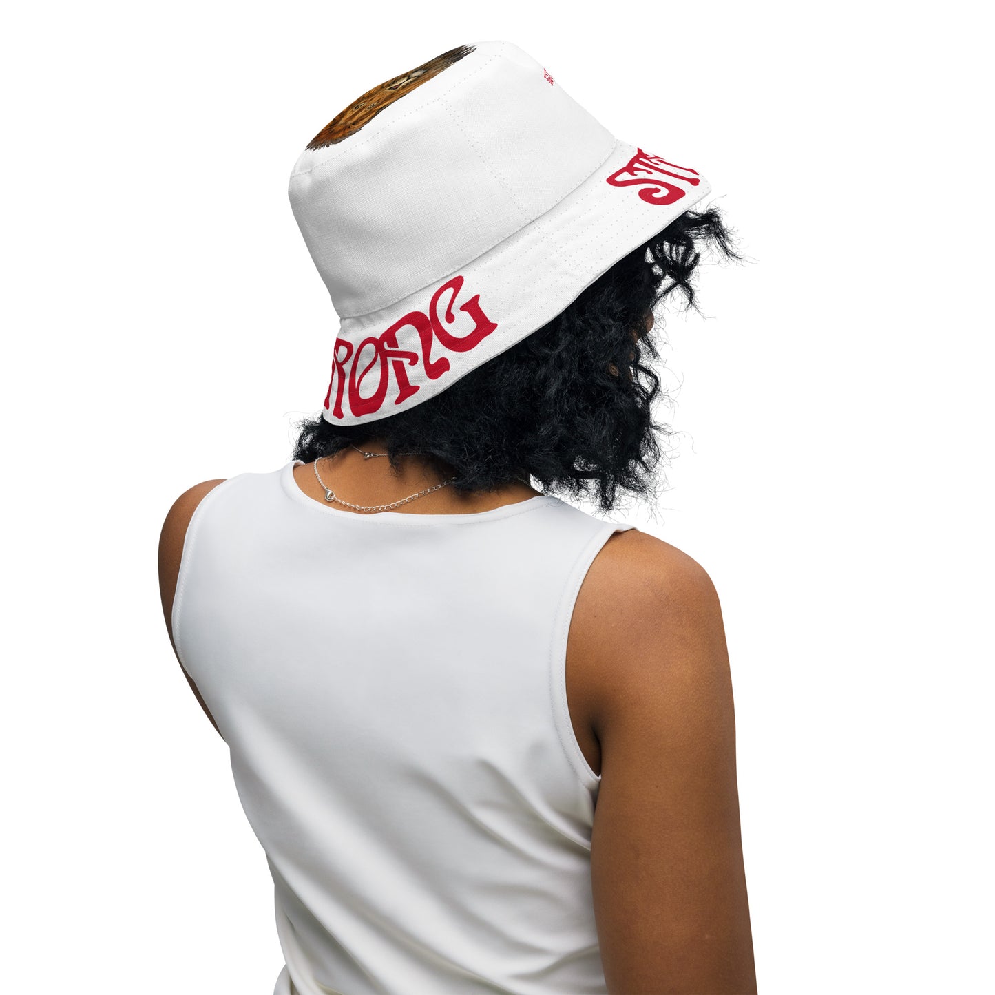 “STRONG”White Reversible Bucket Hat W/Red Font