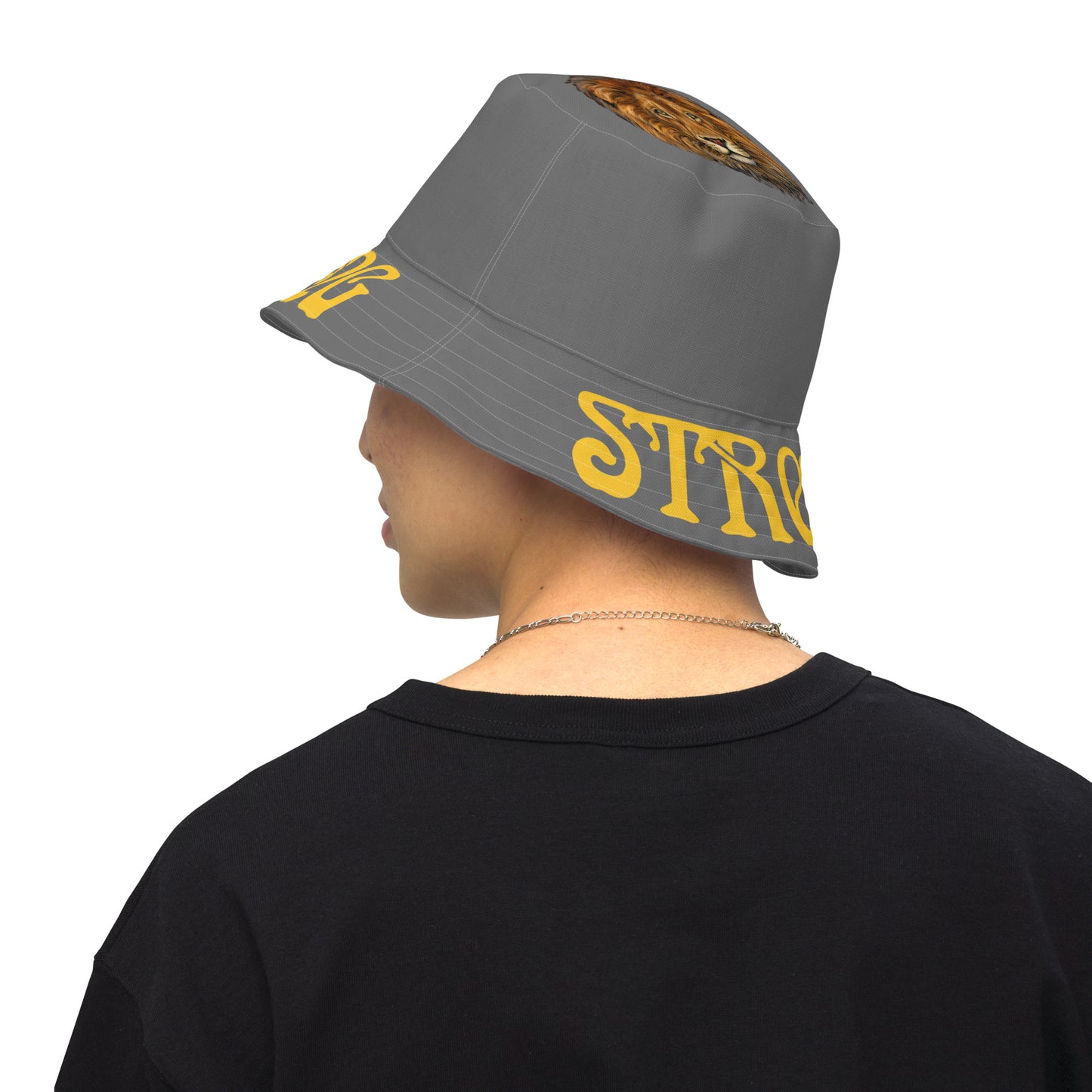 “STRONG”Grey Reversible Bucket Hat W/Yellow Font