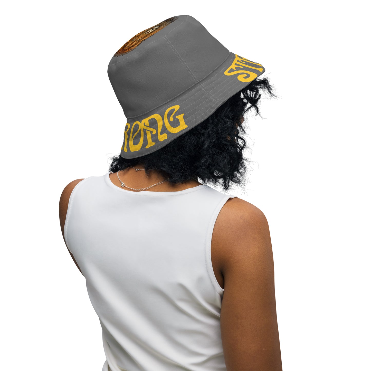“STRONG”Grey Reversible Bucket Hat W/Yellow Font