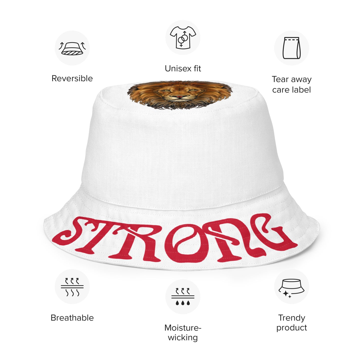 “STRONG”White Reversible Bucket Hat W/Red Font