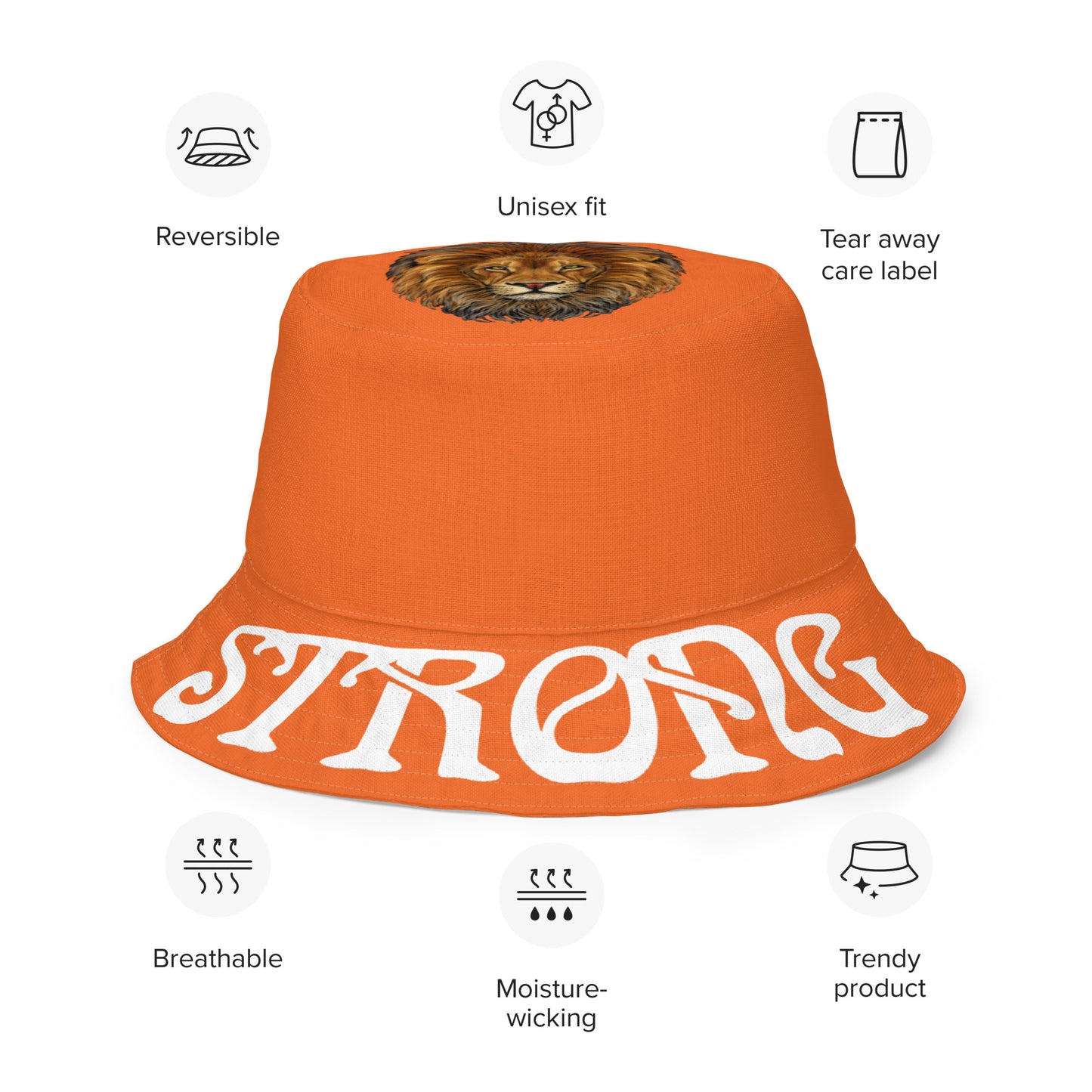 “STRONG”Orange Reversible Bucket Hat W/White Font