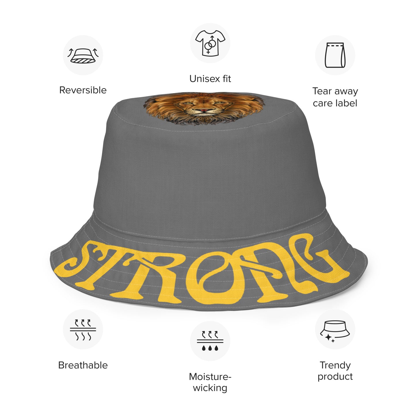 “STRONG”Grey Reversible Bucket Hat W/Yellow Font