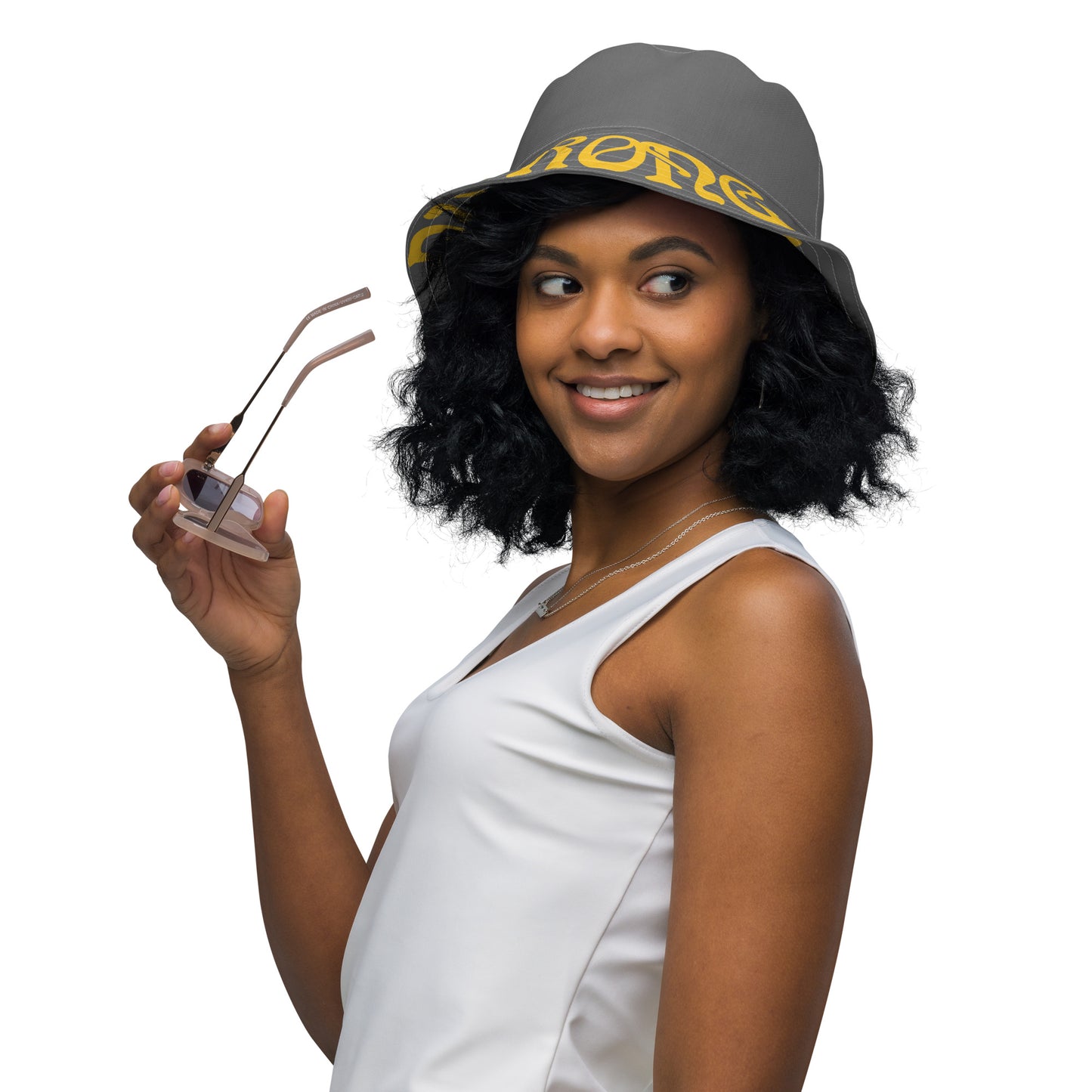“STRONG”Grey Reversible Bucket Hat W/Yellow Font