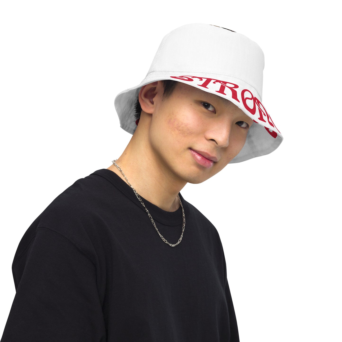 “STRONG”White Reversible Bucket Hat W/Red Font