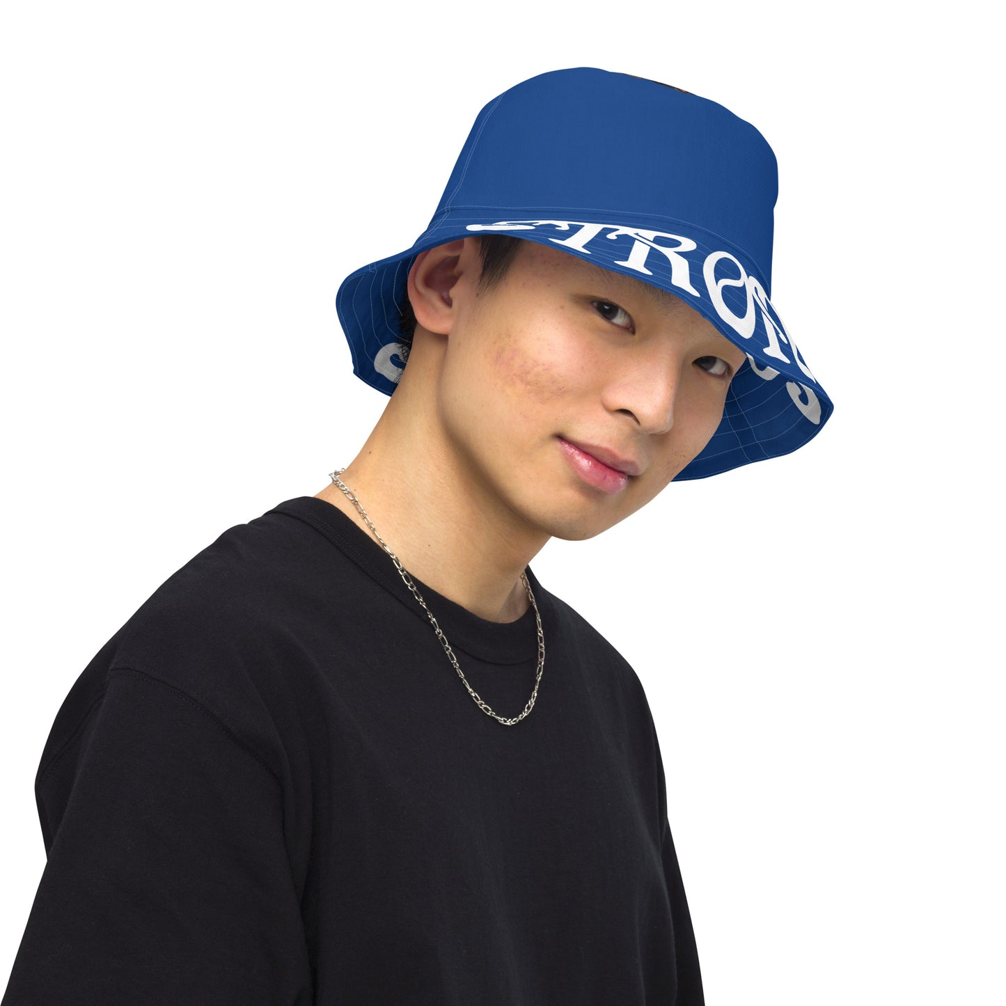 “STRONG”Blue Reversible Bucket Hat W/White Font