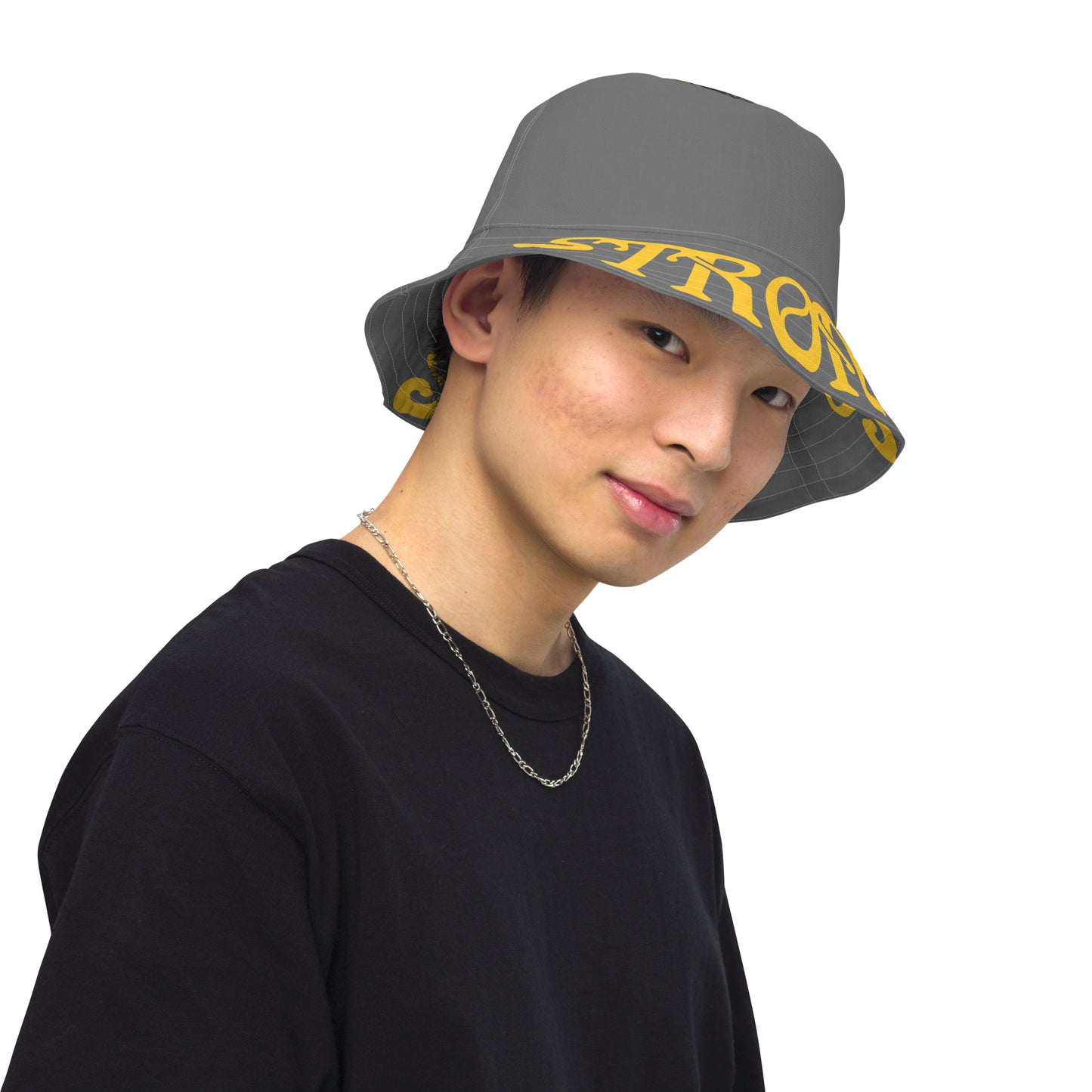 “STRONG”Grey Reversible Bucket Hat W/Yellow Font