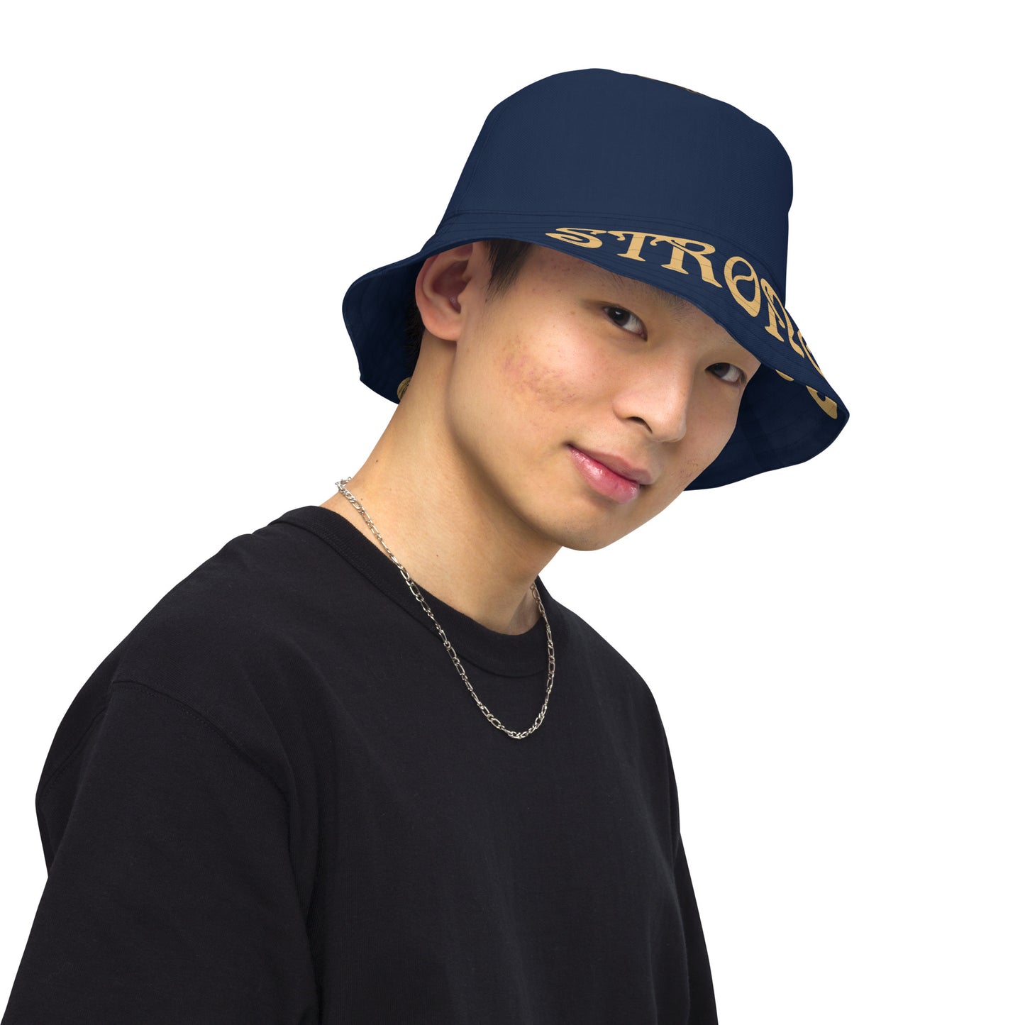 “STRONG”Navy Reversible Bucket Hat W/Fawn Font
