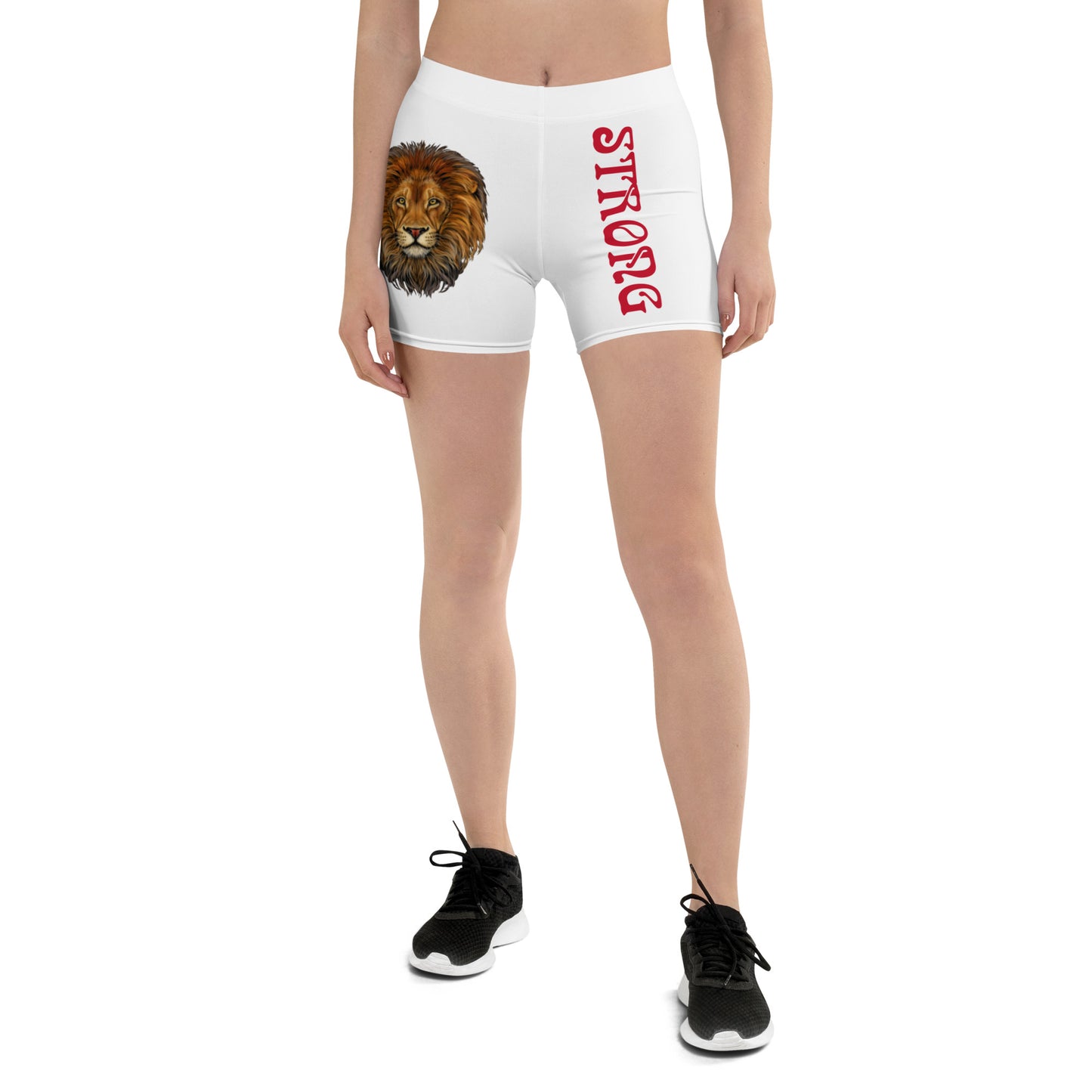 “STRONG” White Yoga Shorts W/Red Font