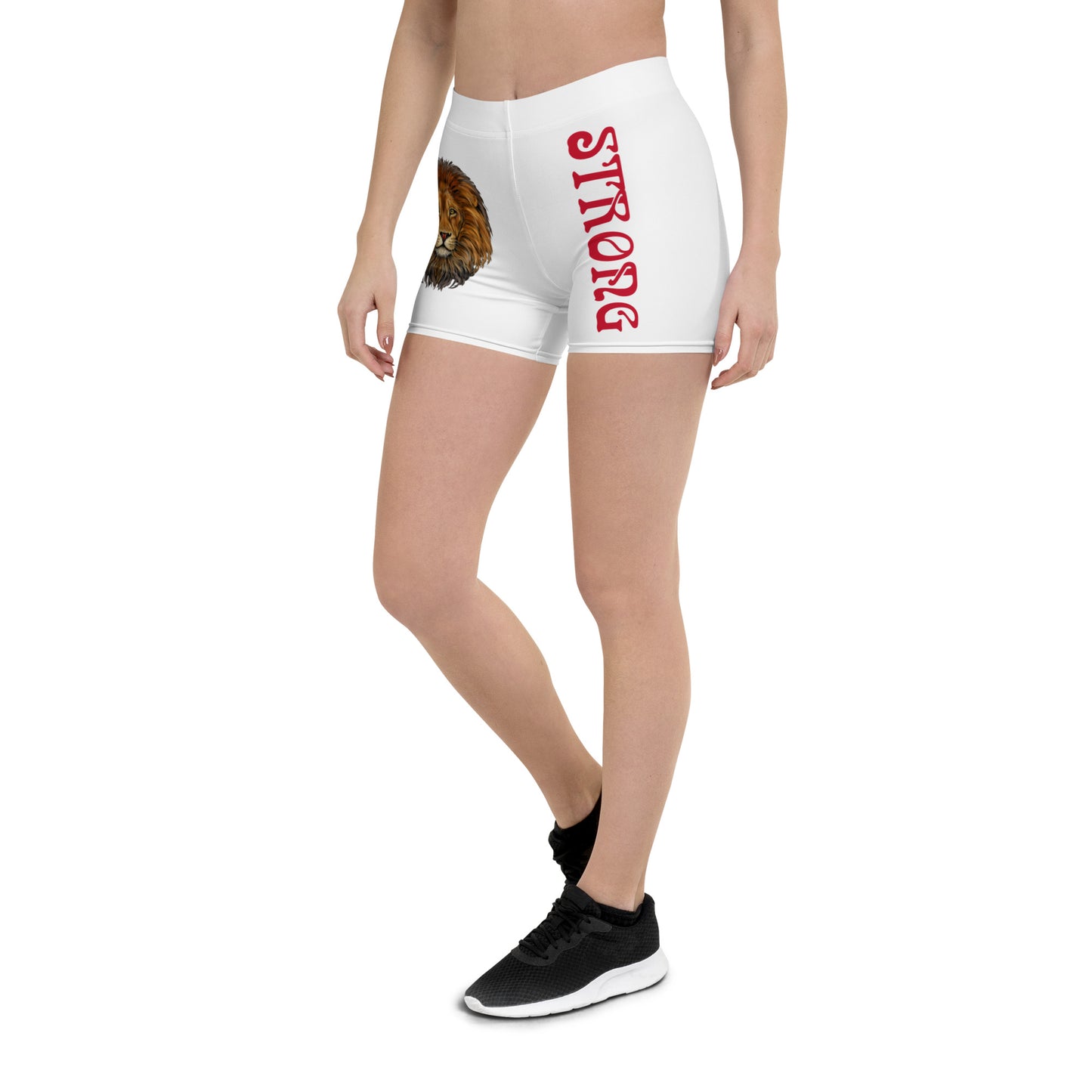 “STRONG” White Yoga Shorts W/Red Font