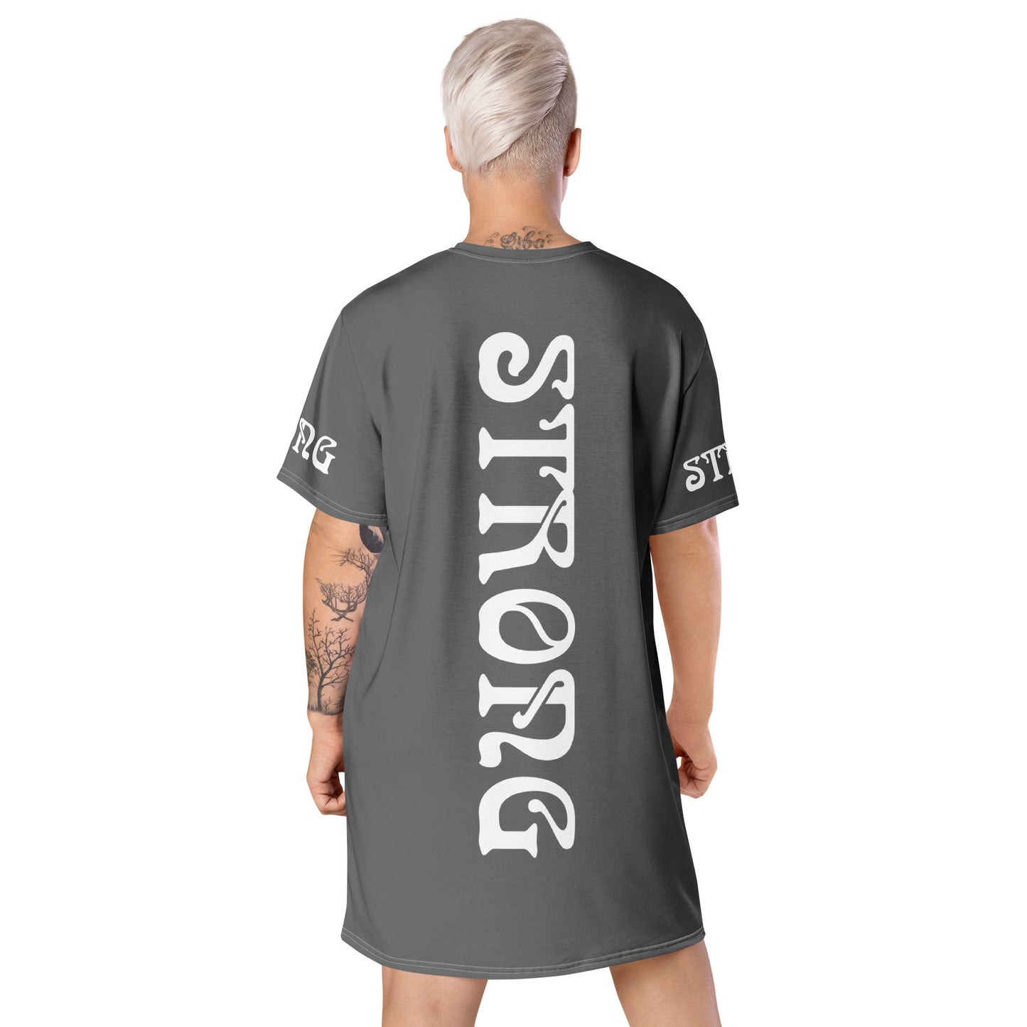 "STRONG"Grey T-Shirt Dress W/White Font