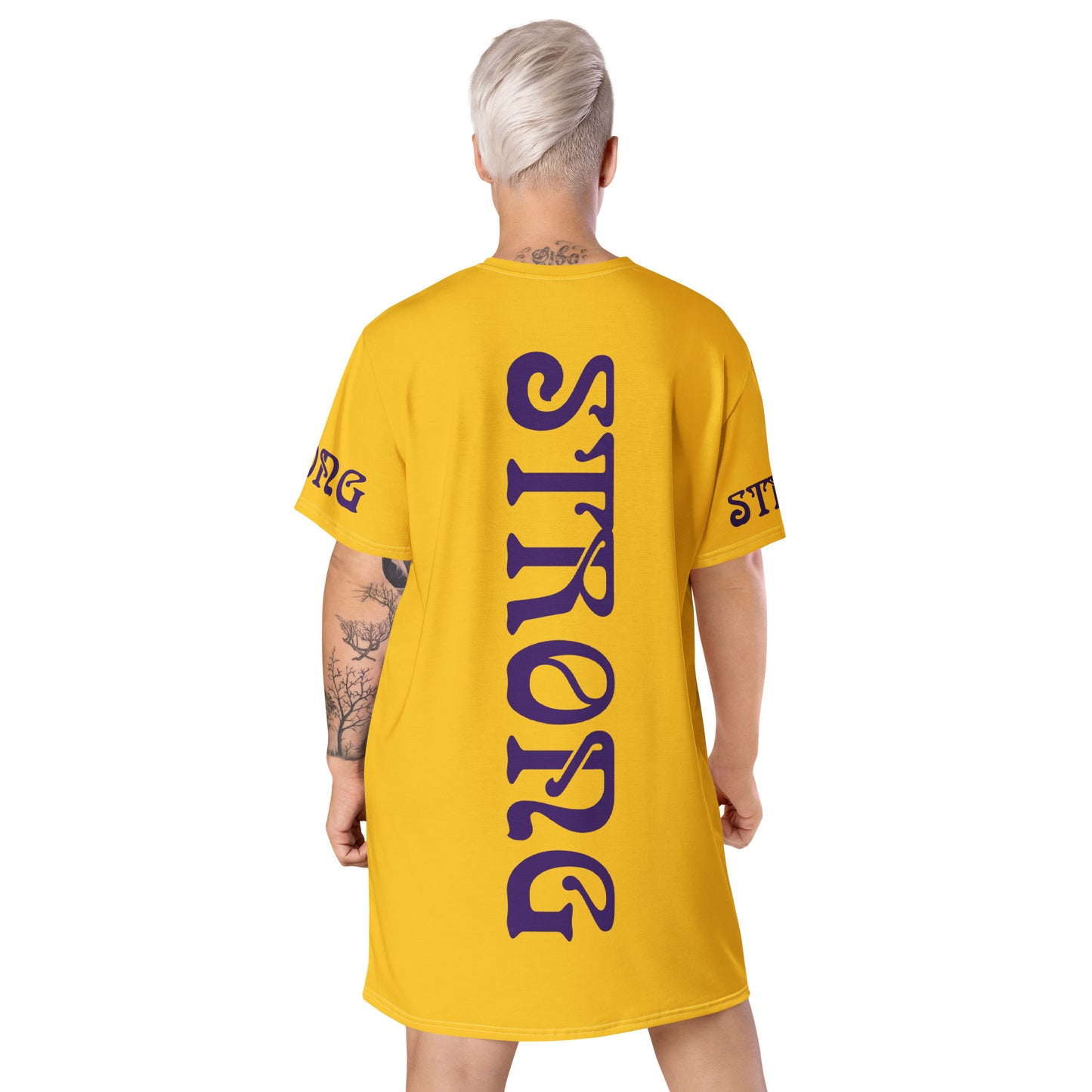 “STRONG”Yellow T-Shirt Dress W/Purple Font