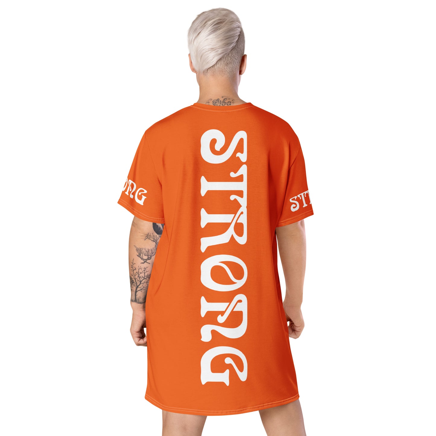 “STRONG”Orange T-Shirt Dress W/White Font