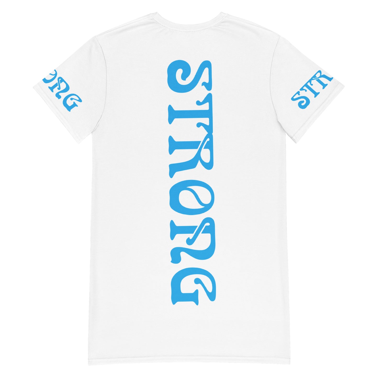 “STRONG”White T-Shirt Dress W/SkyBlue Font