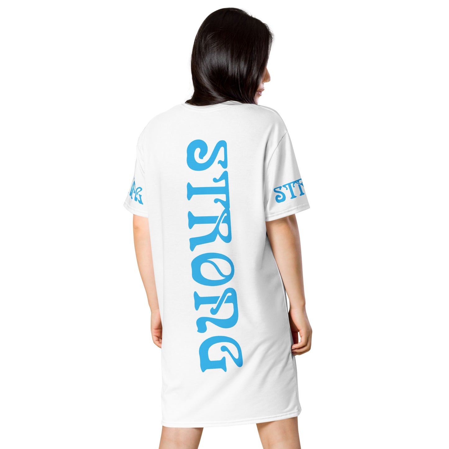 “STRONG”White T-Shirt Dress W/SkyBlue Font