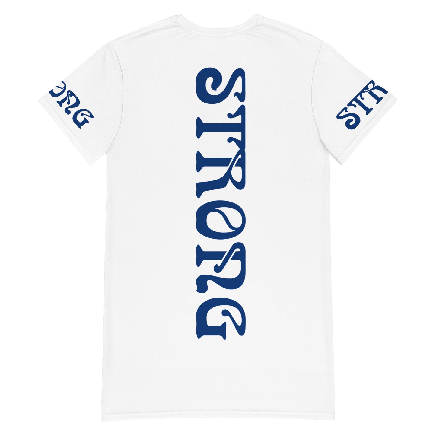 “STRONG”White T-Shirt Dress W/Navy Blue Font