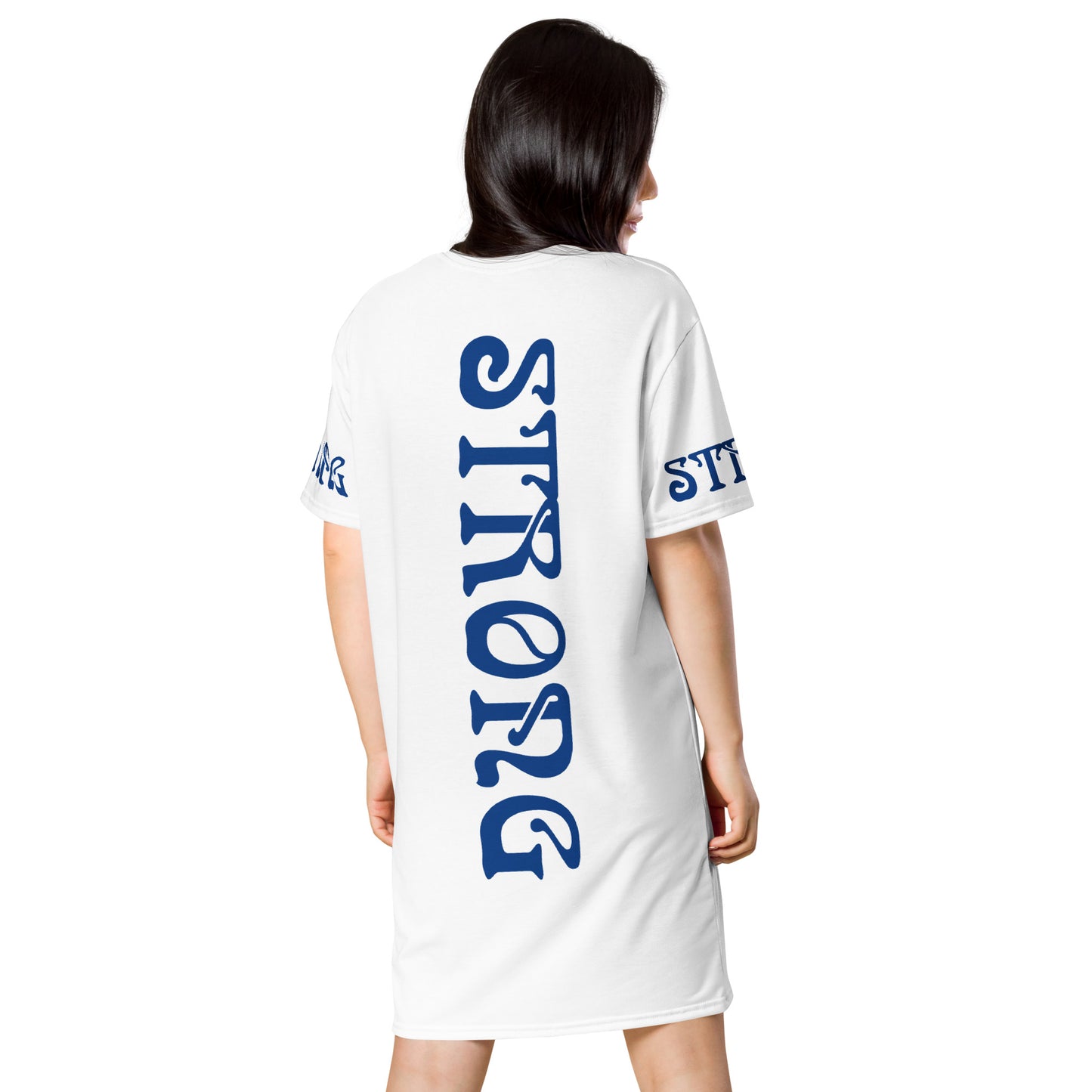 “STRONG”White T-Shirt Dress W/Navy Blue Font