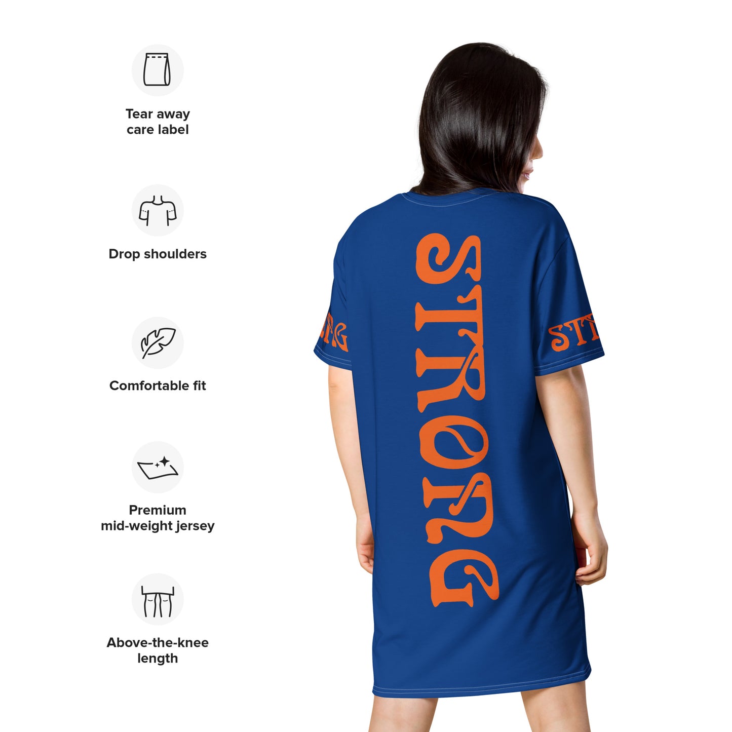 “STRONG”Navy Blue T-Shirt Dress W/Orange Font