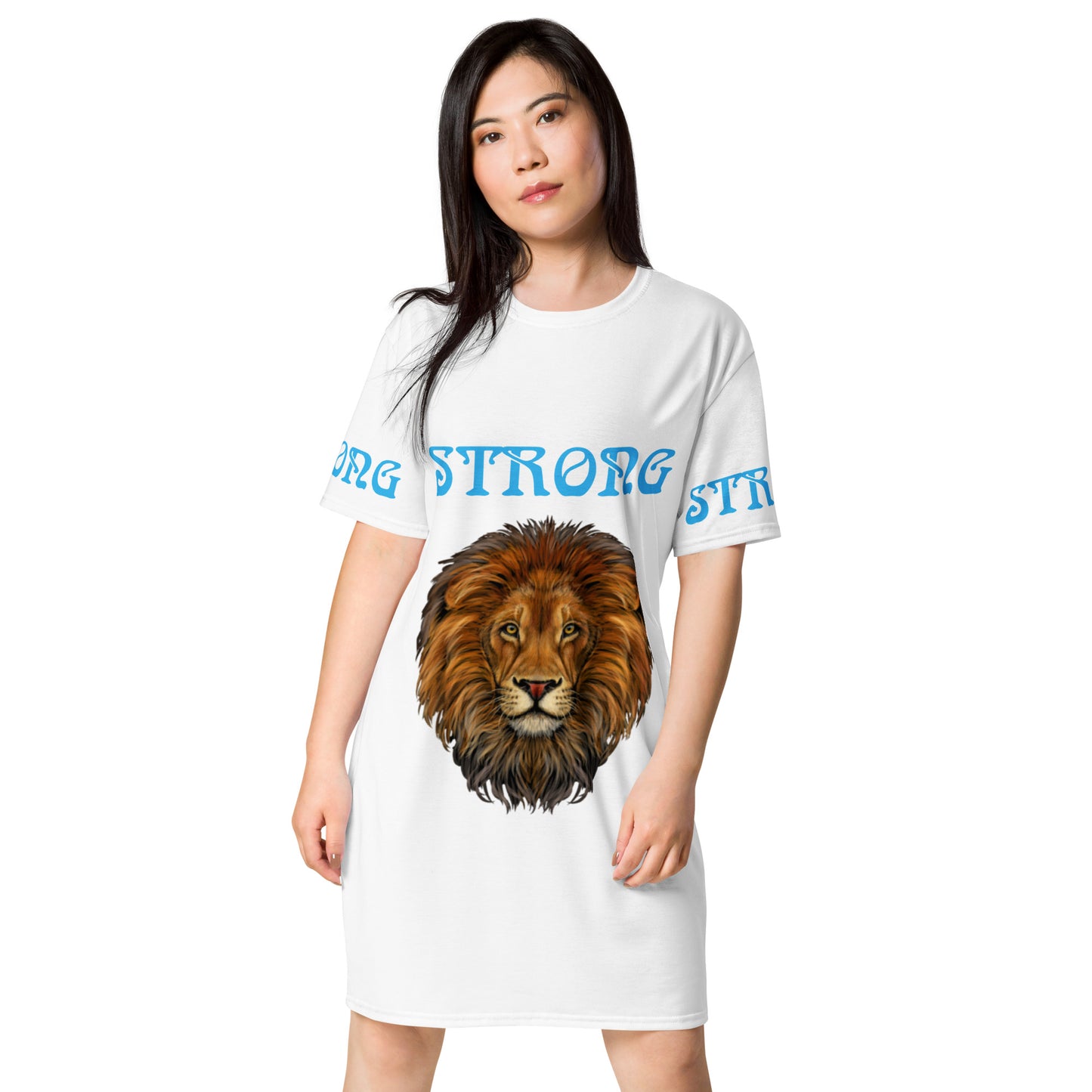 “STRONG”White T-Shirt Dress W/SkyBlue Font