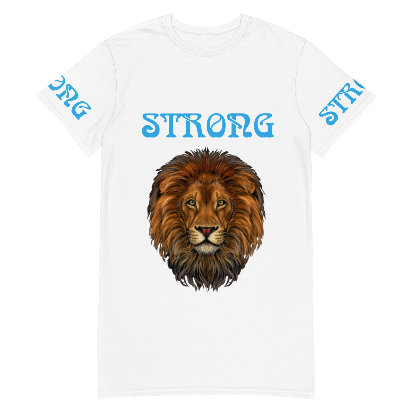 “STRONG”White T-Shirt Dress W/SkyBlue Font