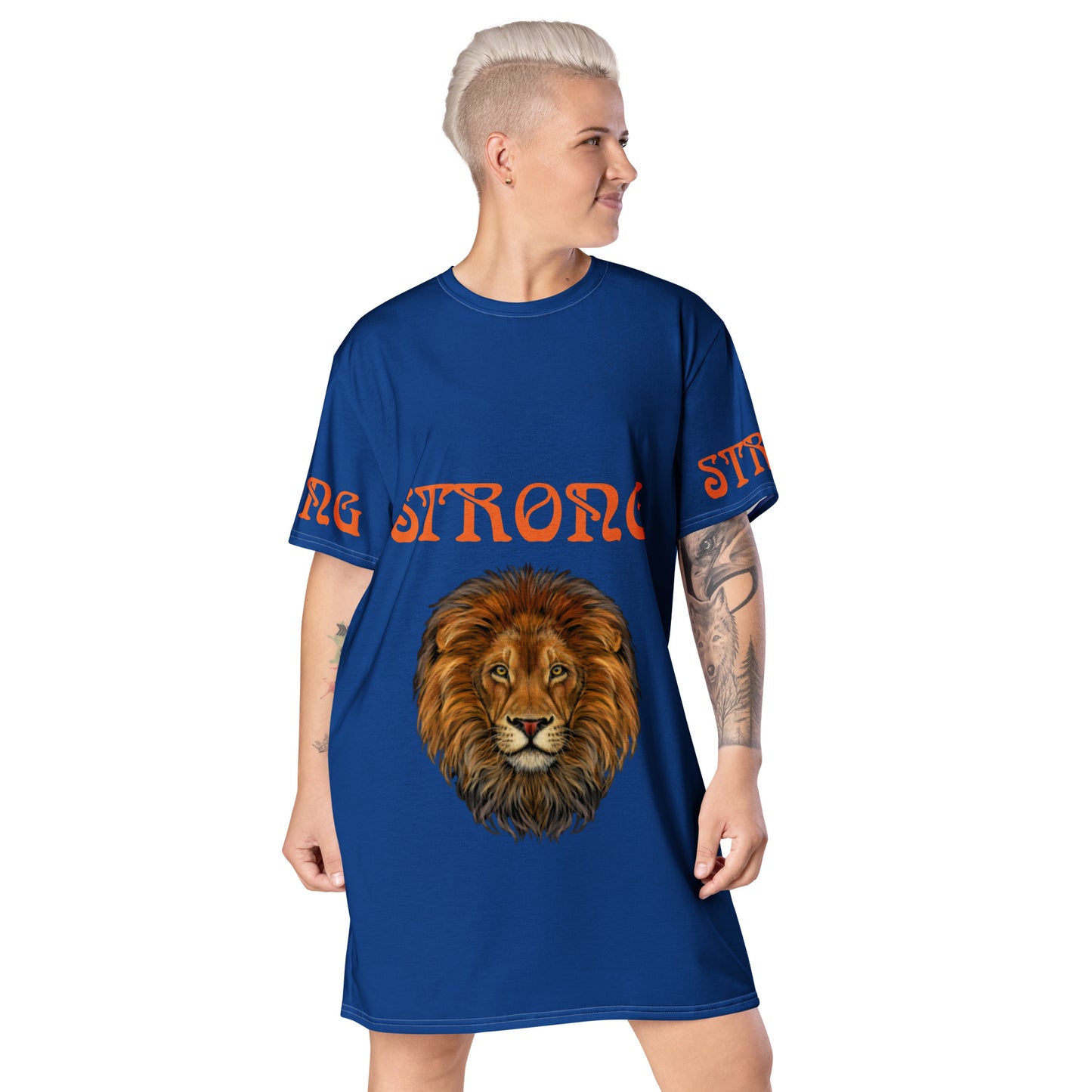 “STRONG”Navy Blue T-Shirt Dress W/Orange Font