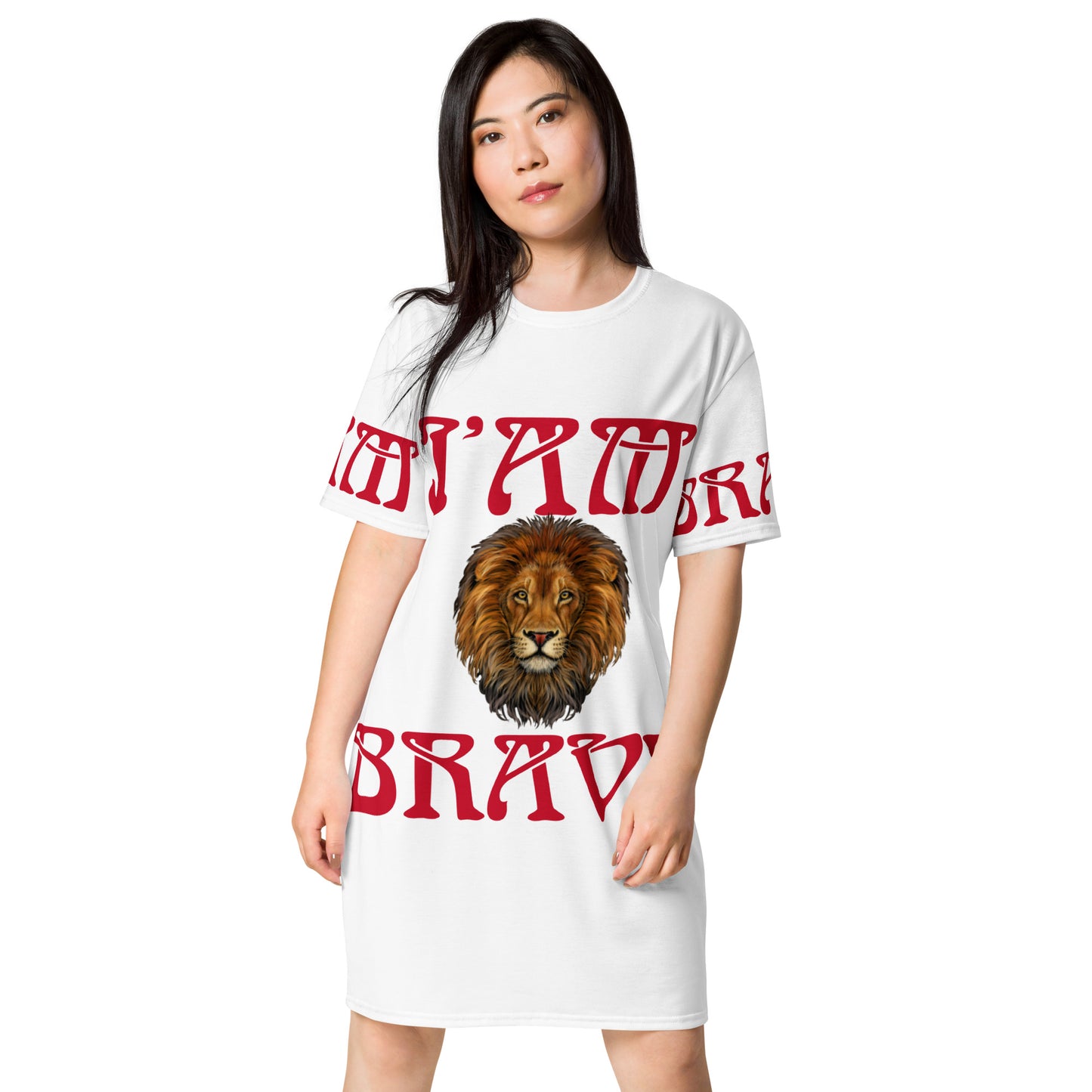“I’AM BRAVE!”White T-Shirt Dress W/Red Font