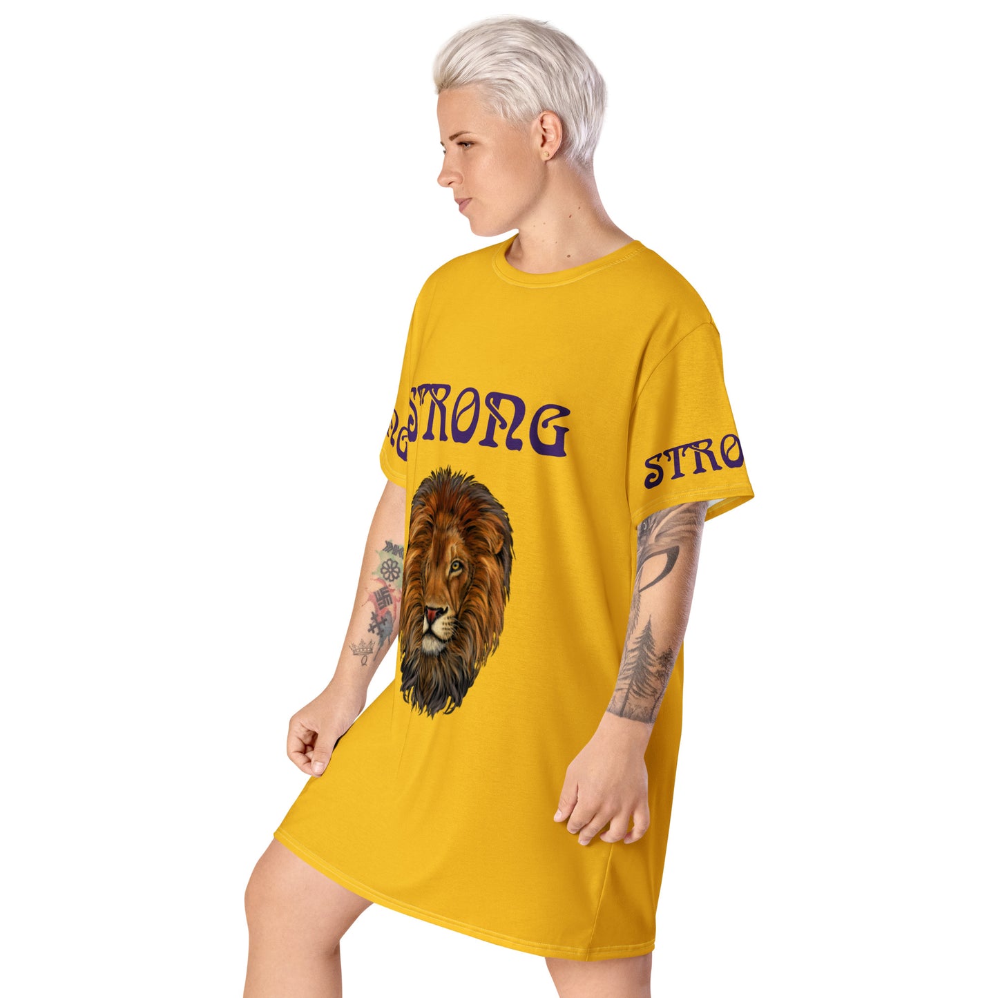 “STRONG”Yellow T-Shirt Dress W/Purple Font