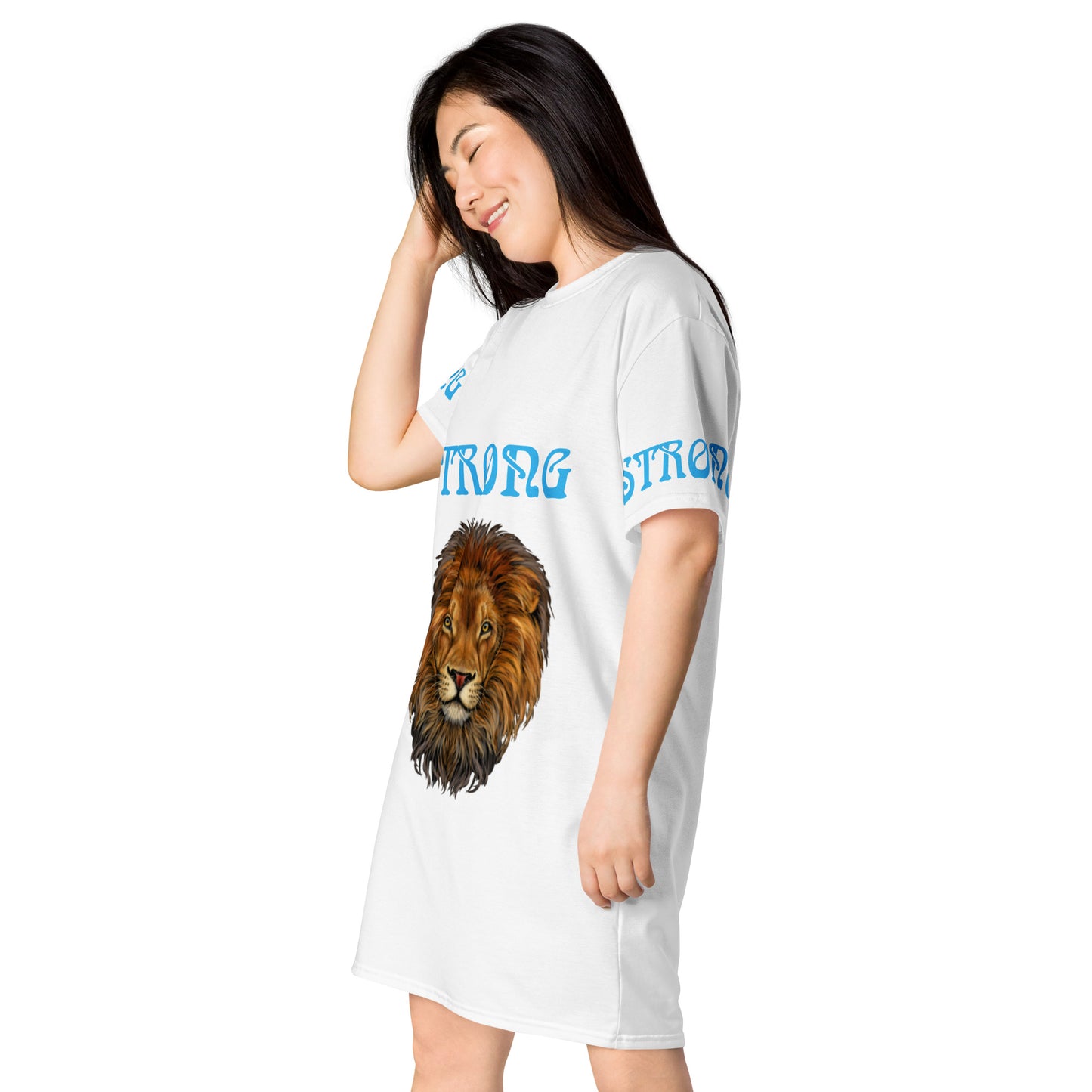 “STRONG”White T-Shirt Dress W/SkyBlue Font