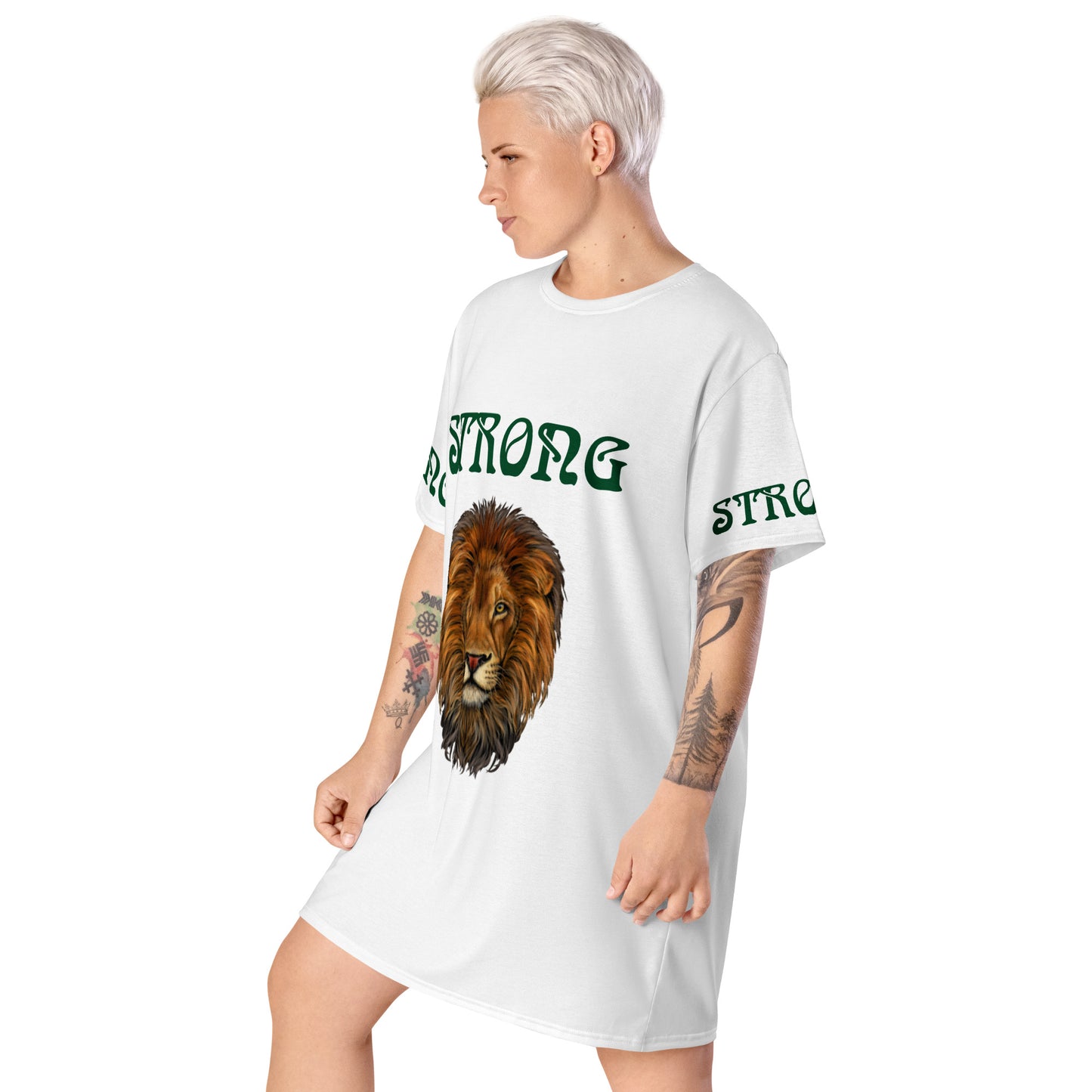 “STRONG”White T-Shirt Dress W/Green Font