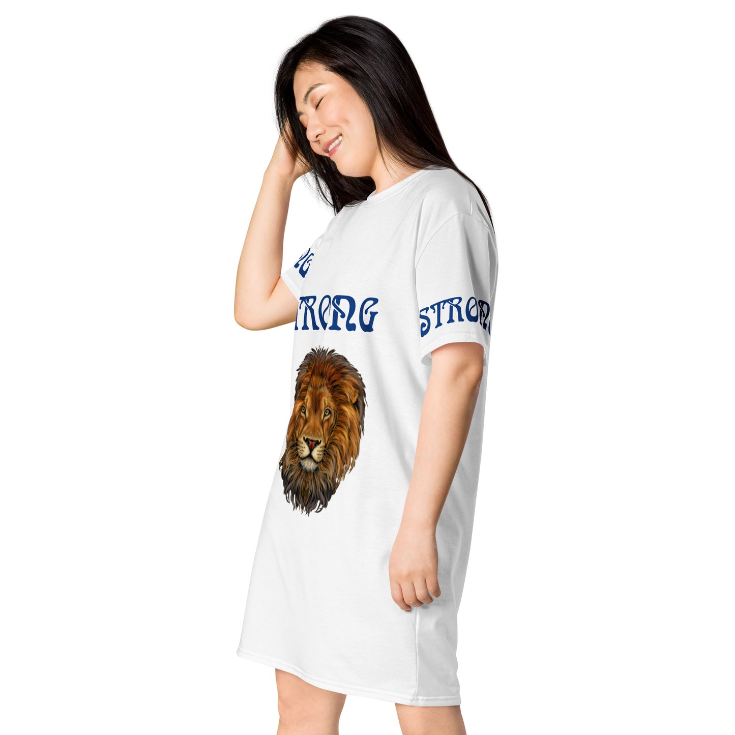 “STRONG”White T-Shirt Dress W/Navy Blue Font