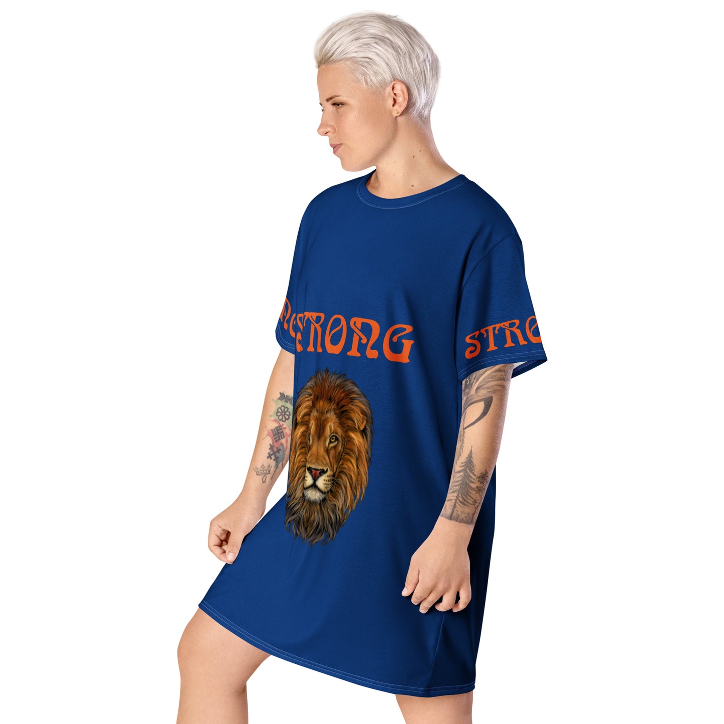 “STRONG”Navy Blue T-Shirt Dress W/Orange Font