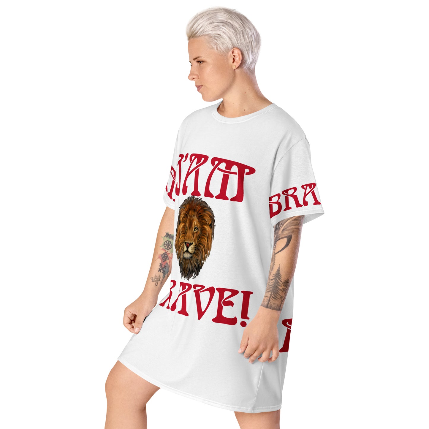 “I’AM BRAVE!”White T-Shirt Dress W/Red Font