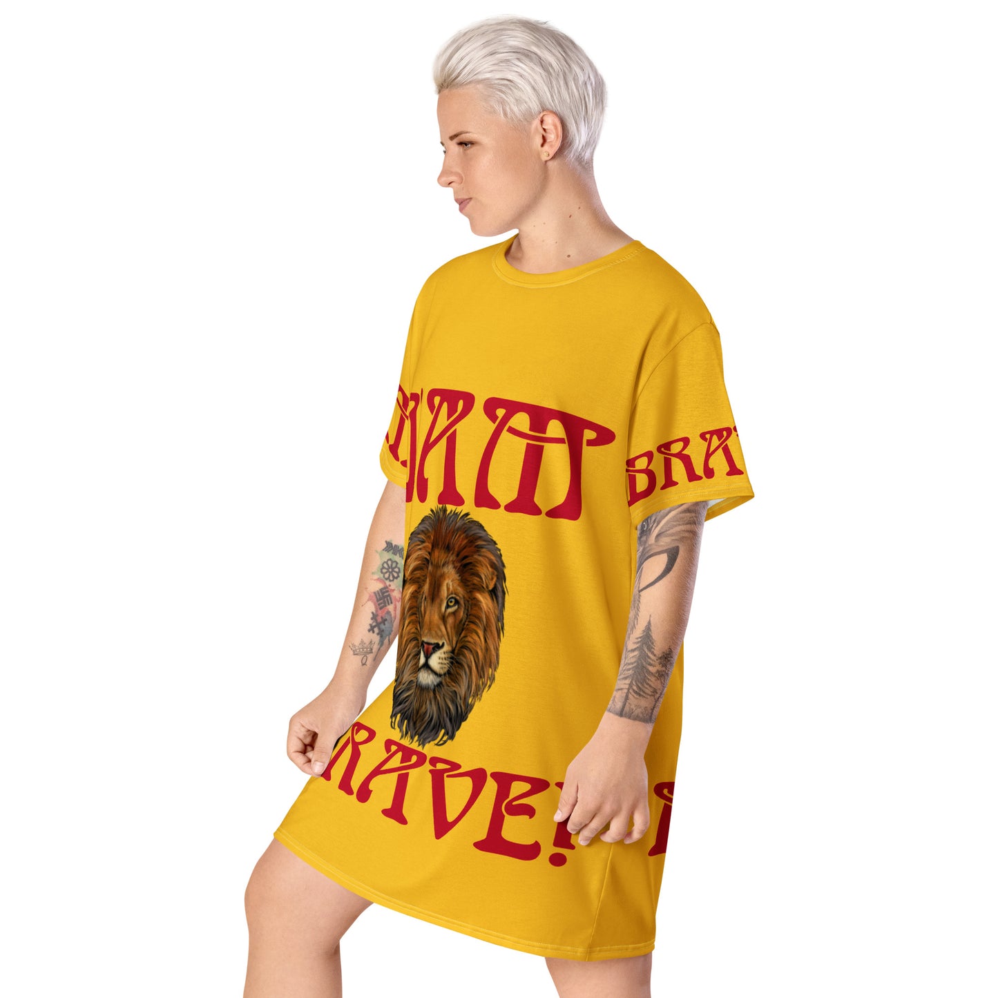 “I’AM BRAVE!” Yellow T-Shirt Dress W/Red Font