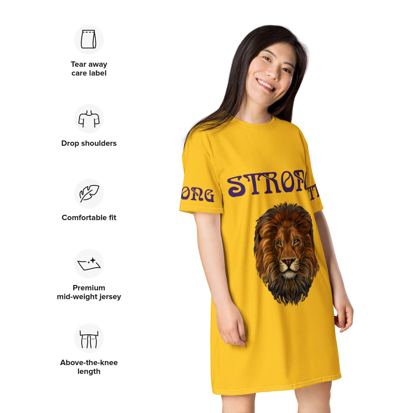 “STRONG”Yellow T-Shirt Dress W/Purple Font
