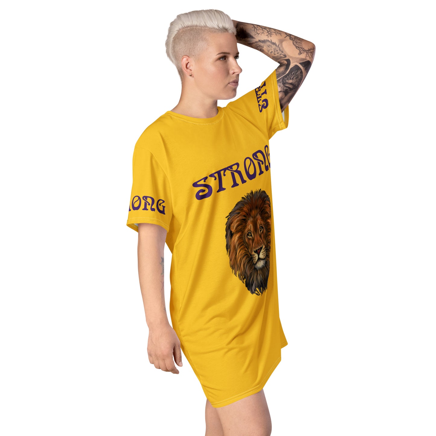 “STRONG”Yellow T-Shirt Dress W/Purple Font