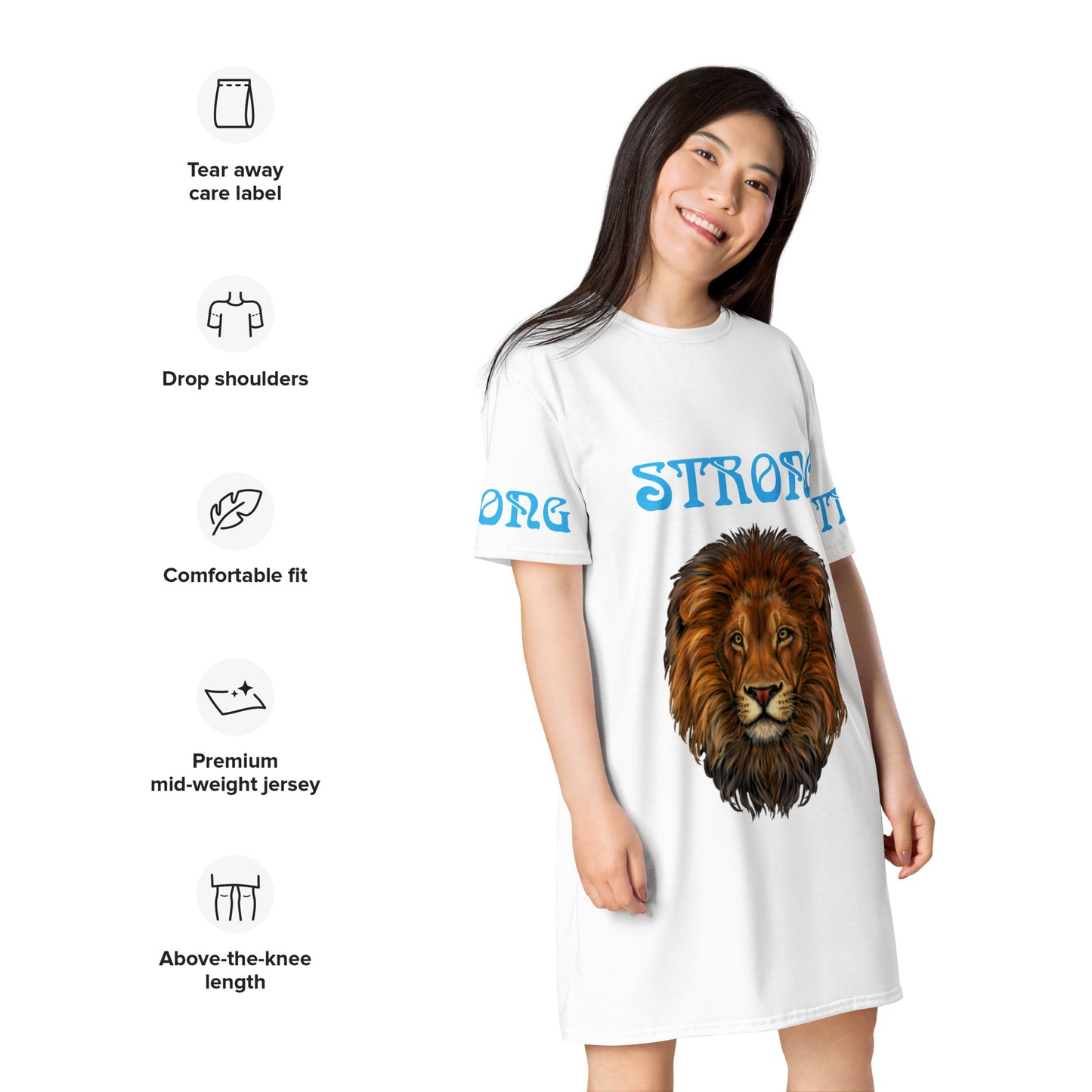 “STRONG”White T-Shirt Dress W/SkyBlue Font