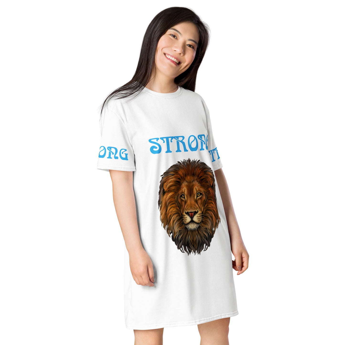 “STRONG”White T-Shirt Dress W/SkyBlue Font