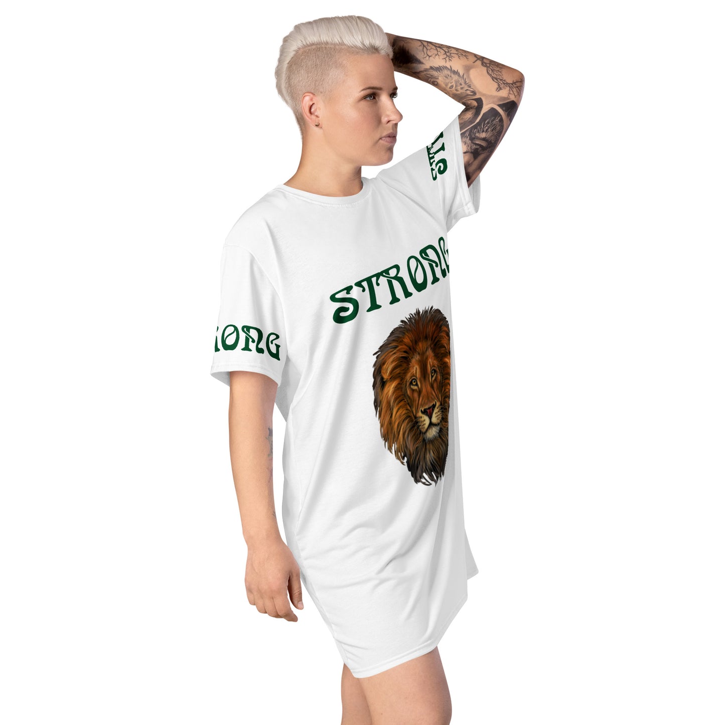 “STRONG”White T-Shirt Dress W/Green Font