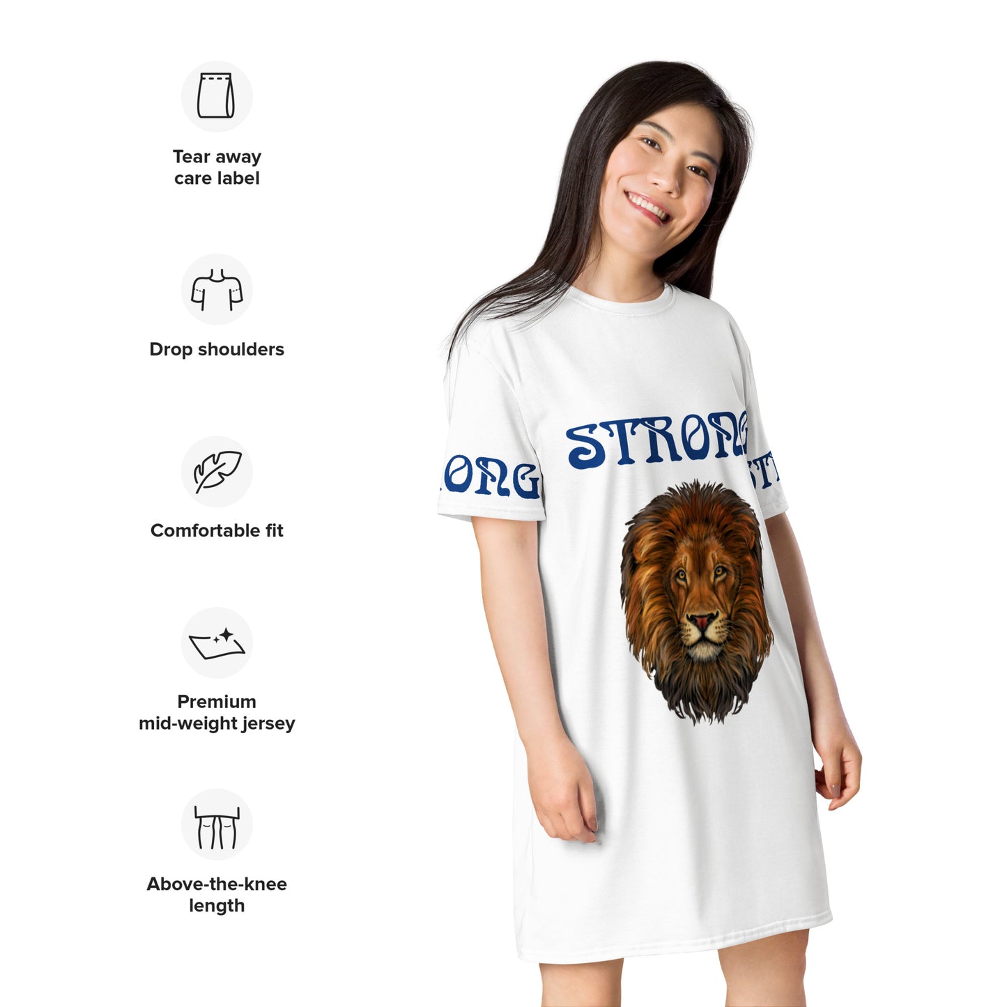 “STRONG”White T-Shirt Dress W/Navy Blue Font