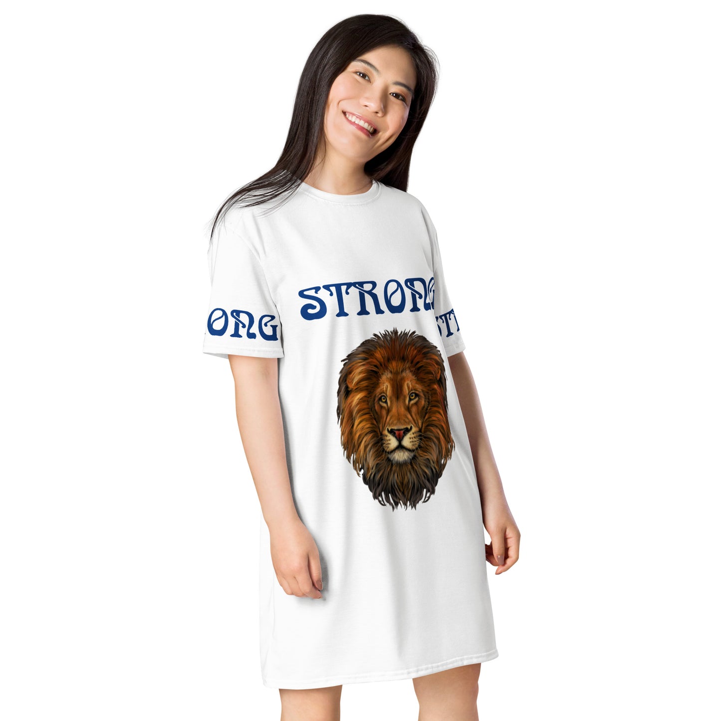 “STRONG”White T-Shirt Dress W/Navy Blue Font