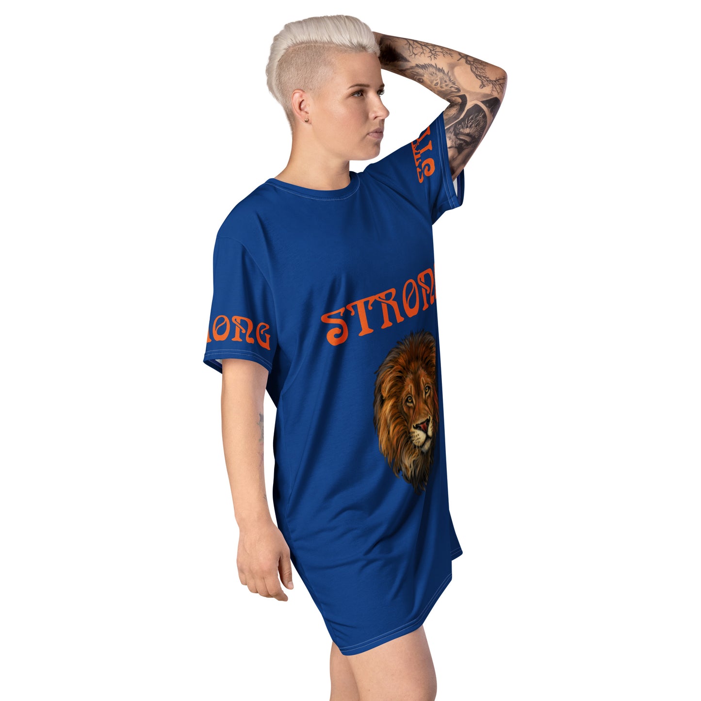 “STRONG”Navy Blue T-Shirt Dress W/Orange Font