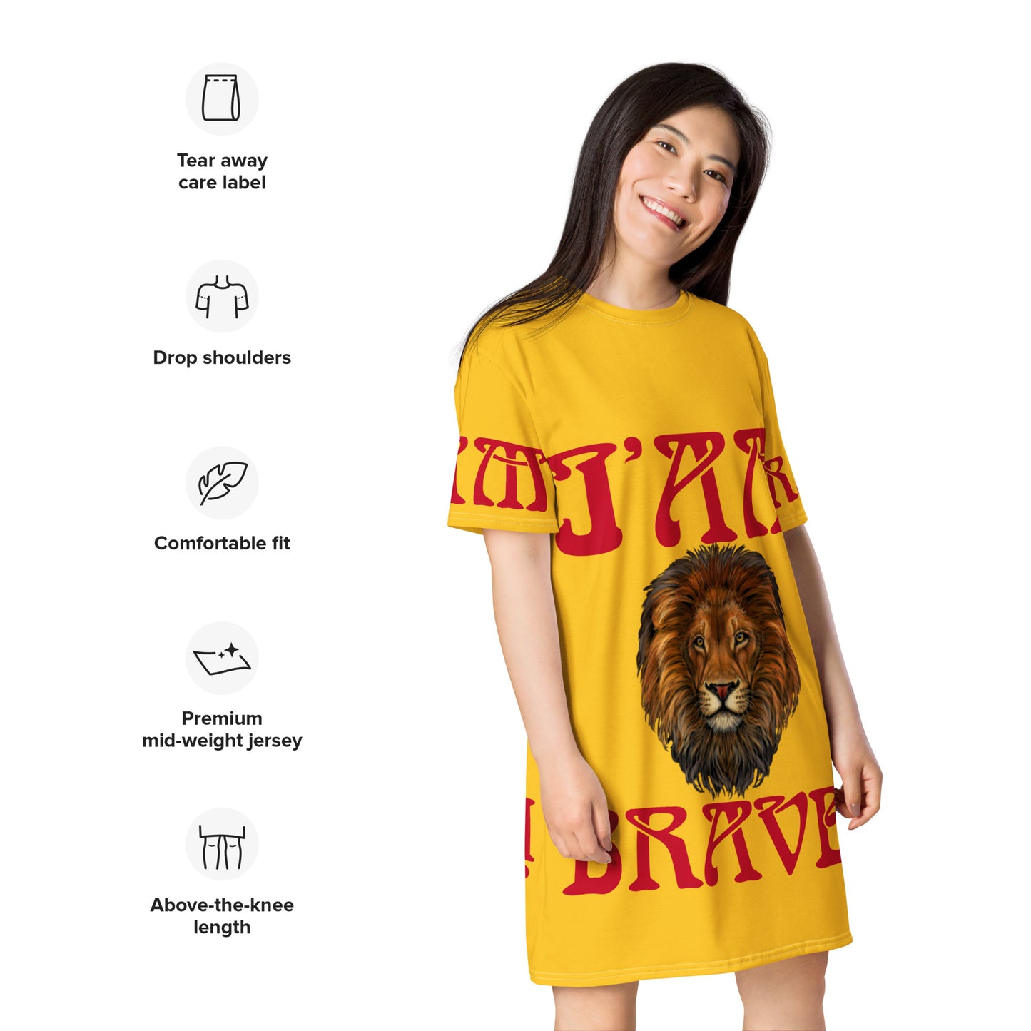 “I’AM BRAVE!” Yellow T-Shirt Dress W/Red Font