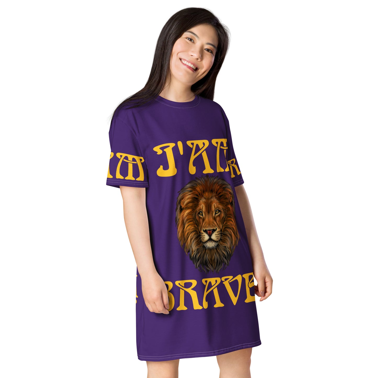 “I’AM BRAVE!”Purple T-Shirt Dress W/Yellow Font