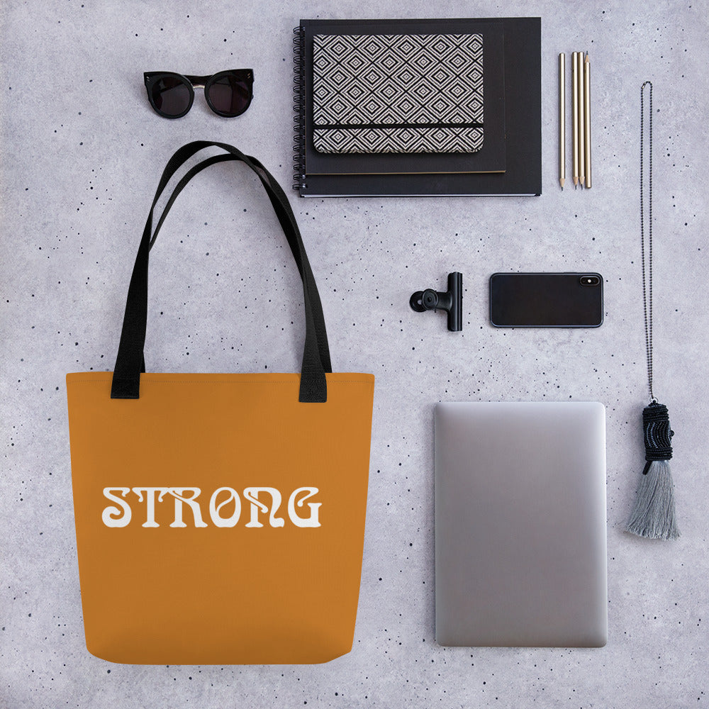 "STRONG"Bronze Tote Bag W/White Font