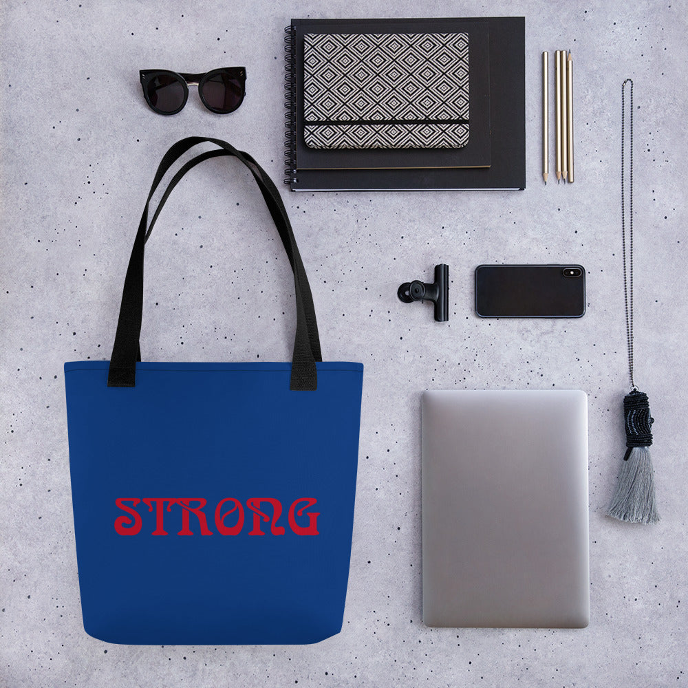 "STRONG"Blue Tote Bag W/Red Font