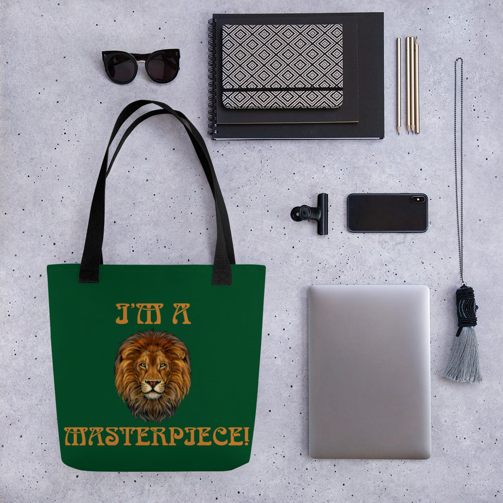 “I’M A MASTERPIECE!”Green Tote Bag W/Bronze Font
