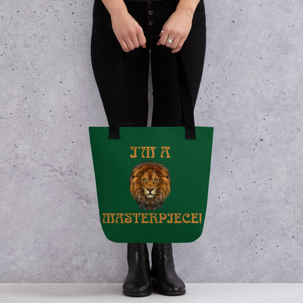“I’M A MASTERPIECE!”Green Tote Bag W/Bronze Font