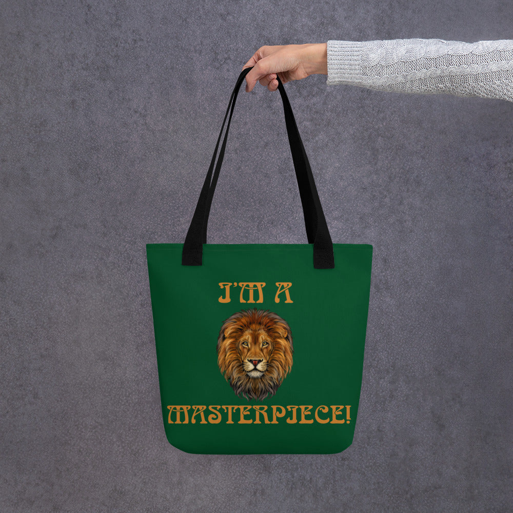 “I’M A MASTERPIECE!”Green Tote Bag W/Bronze Font